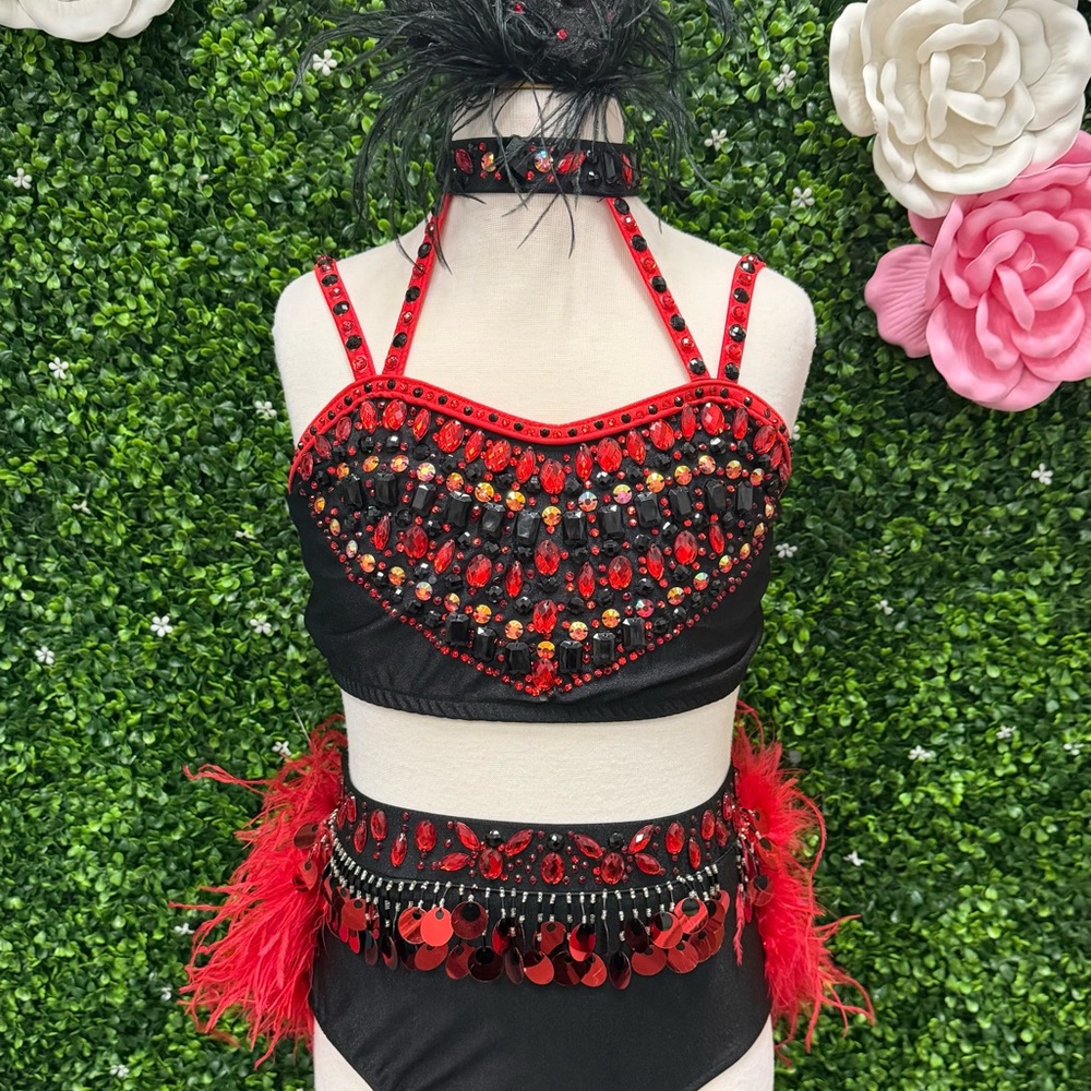 Glamour Black and Red Jeweled Dance Costume Set